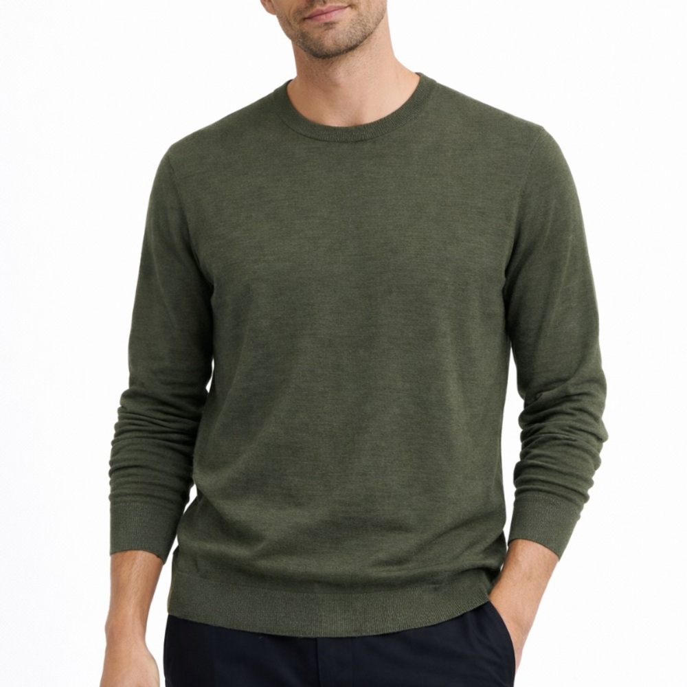 COS Olive Green Crewneck Sweater Minimalist Fine Knit Pullover Medium